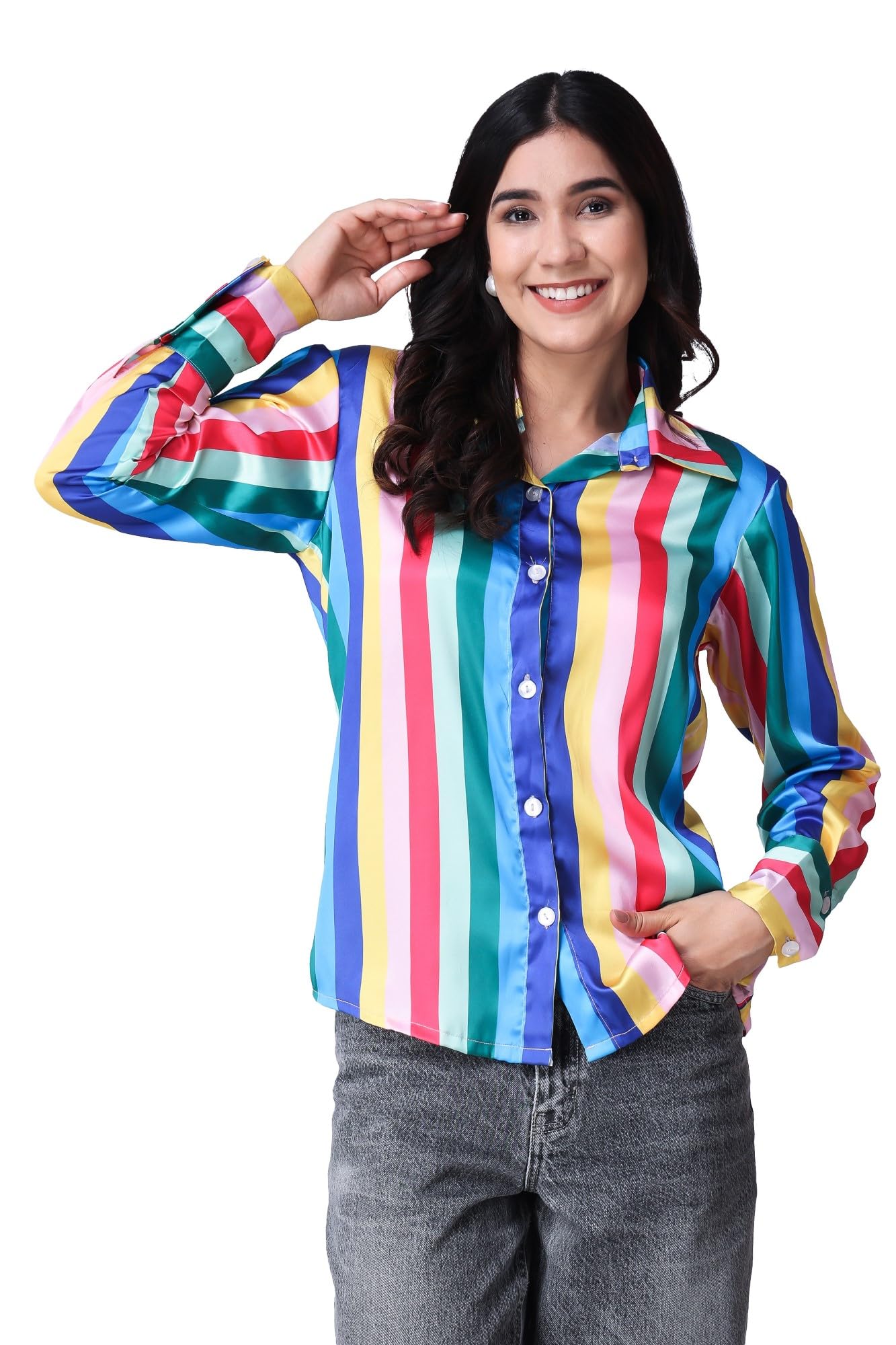 POPWINGS Printed Full-Sleeves Regular-Fit Satin Printed Shirt for Women Stylish Western Casual Wear Blue