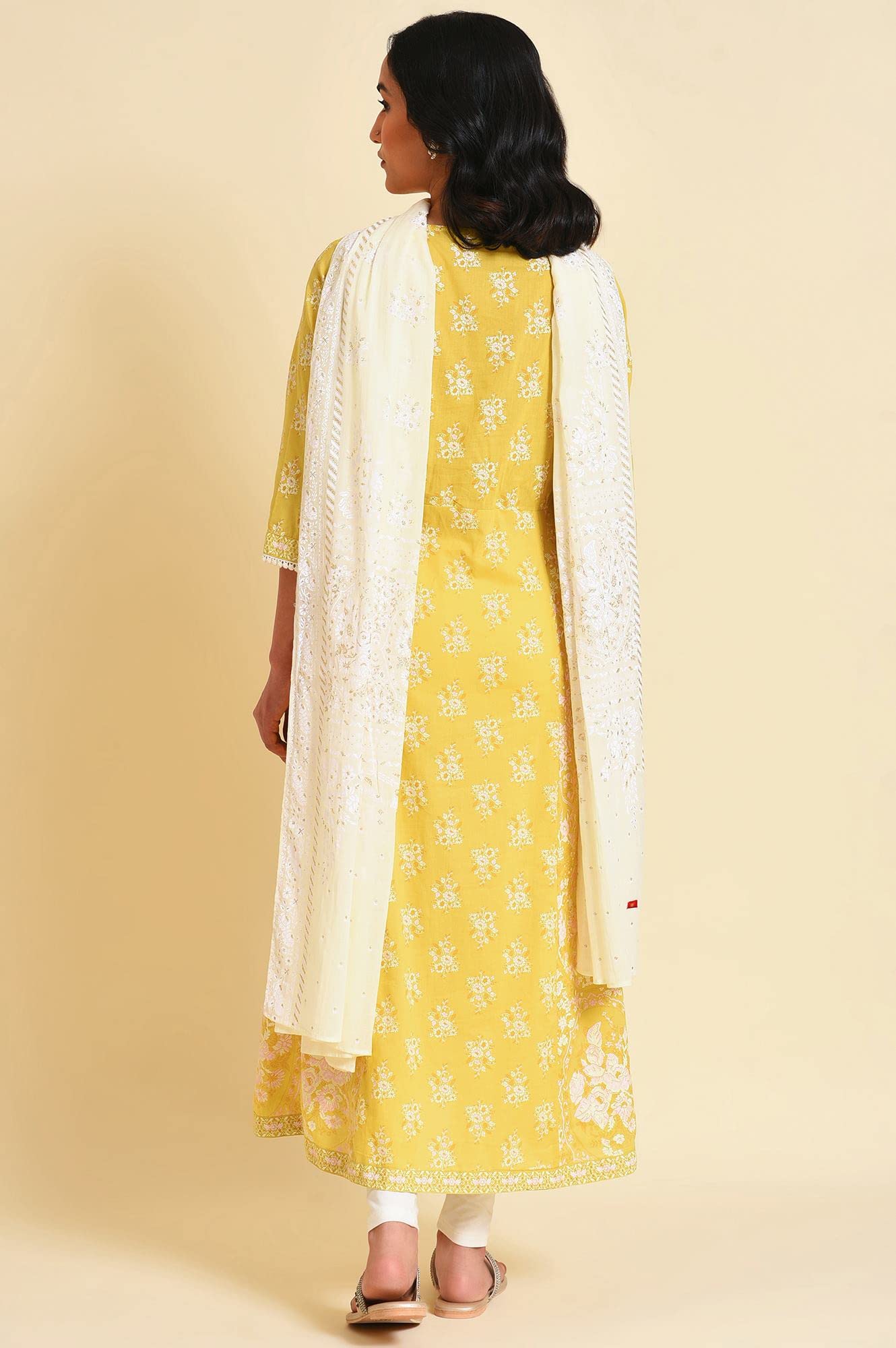 W for Woman Yellow Cotton Floral Printed Flared Kurta