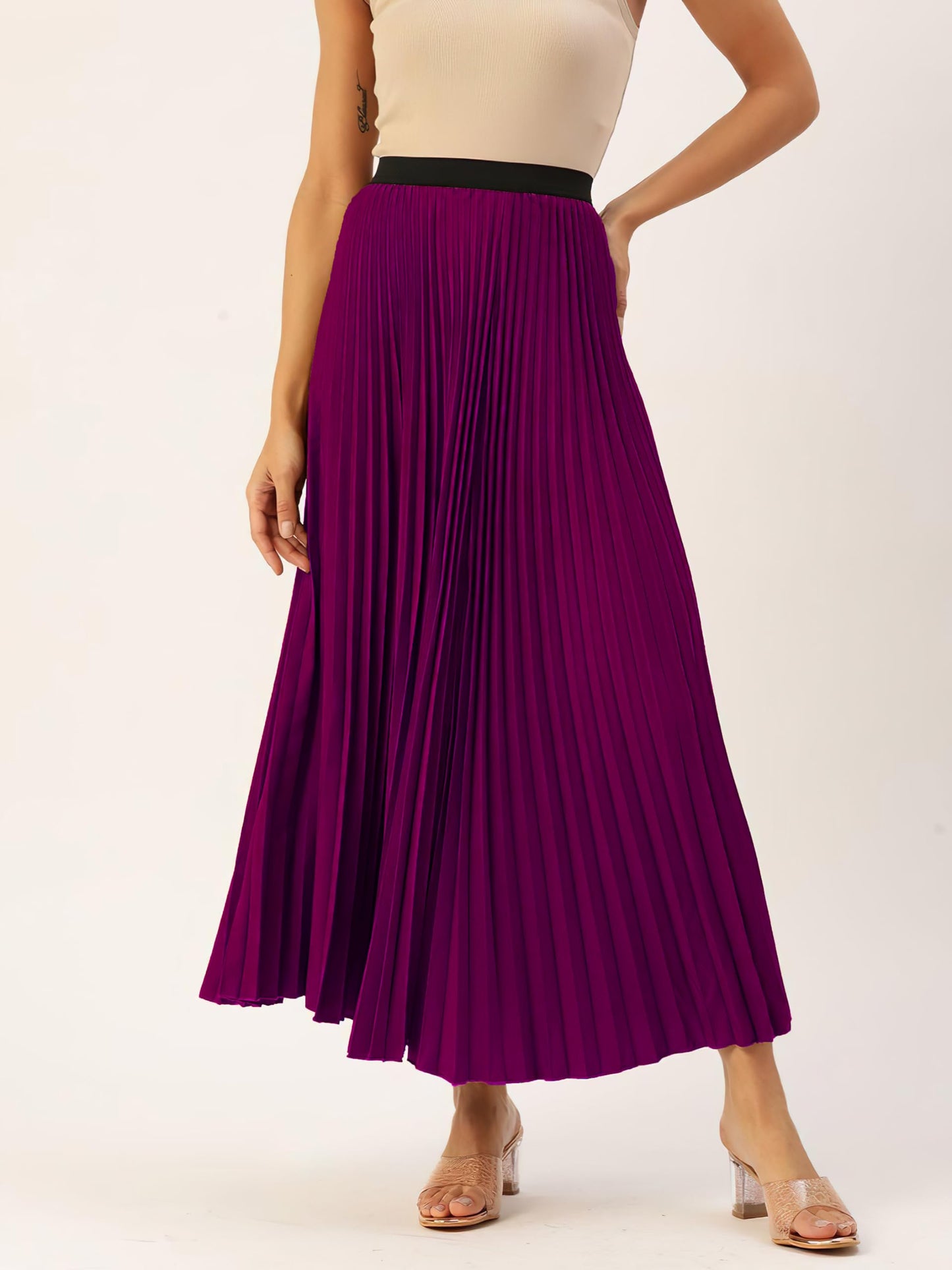 Kzully | Women Accordian Pleat Maxi Flared Skirt Purple