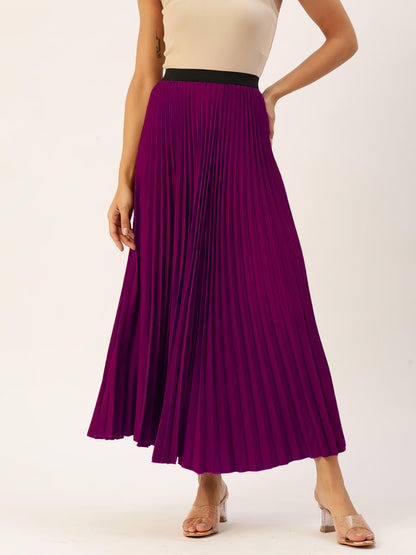 Kzully | Women Accordian Pleat Maxi Flared Skirt Purple