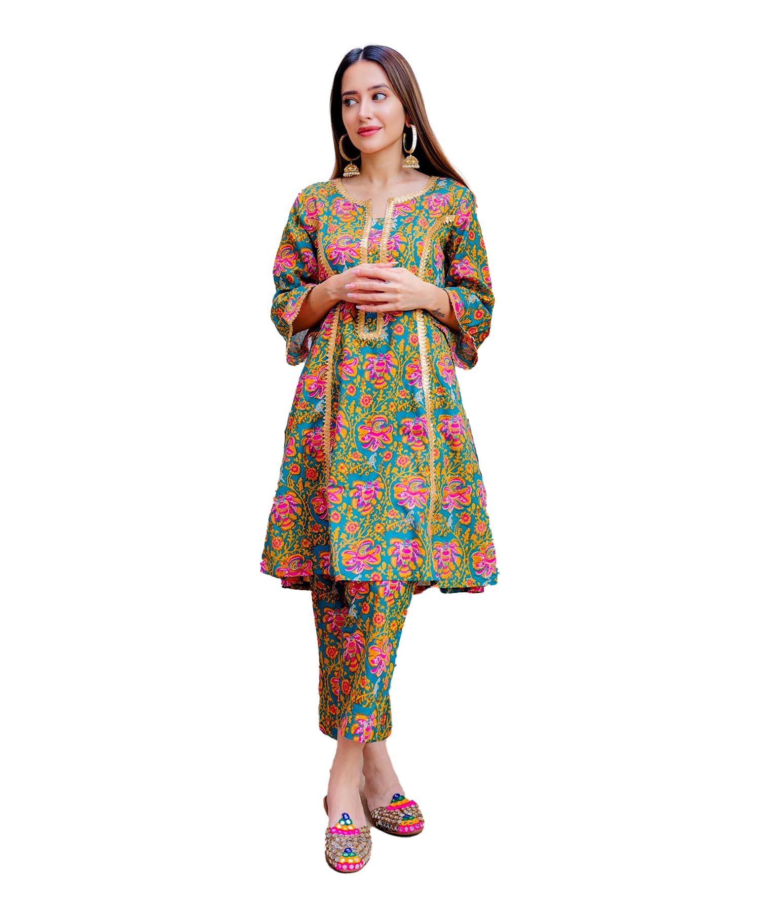 Yashika Womens Cotton Blend Floral Printed Kurta Pant Set Suitable for Every Indian Occasion (AZ-YS-OG-KS2172-Parent_Green