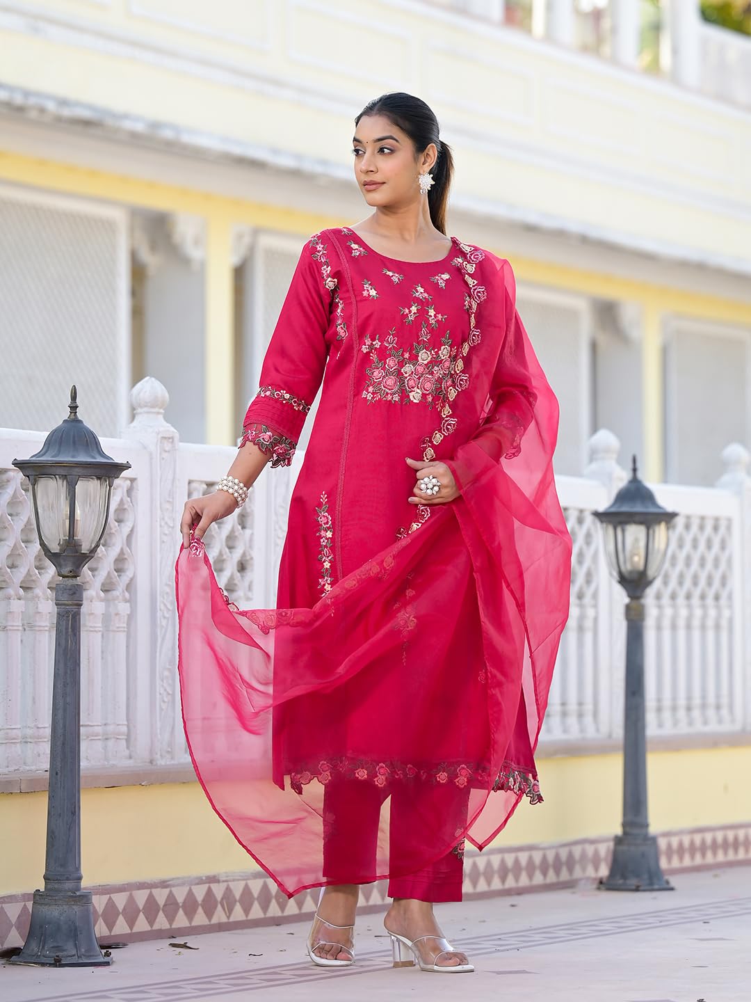 Varanga Women Fuchsia Pink Embroidered Scallop Detail Kurta Paired With Bottom And Dupatta