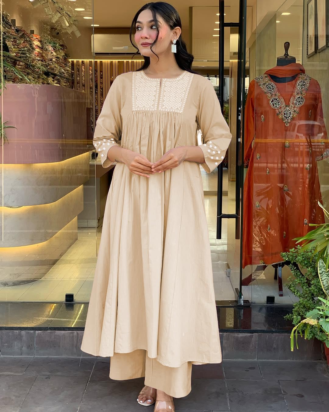 Toochki Women's Muslin Flared Anarkali Embroidered Kurta with Palazzo