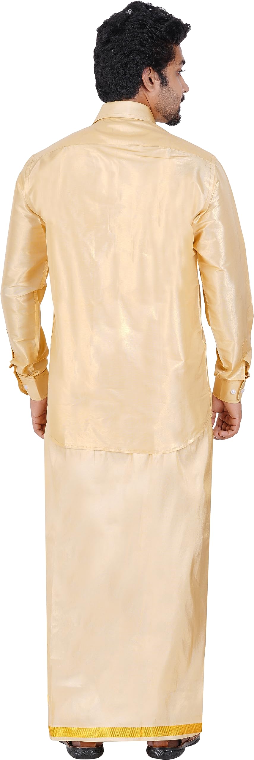 PRAKASAM COTTON-Mens Art Silk Tissue Wedding Set/Art Silk Tissue 8 Mulam (8-Yard) Dhoti and Stitched Full Sleeve Shirt