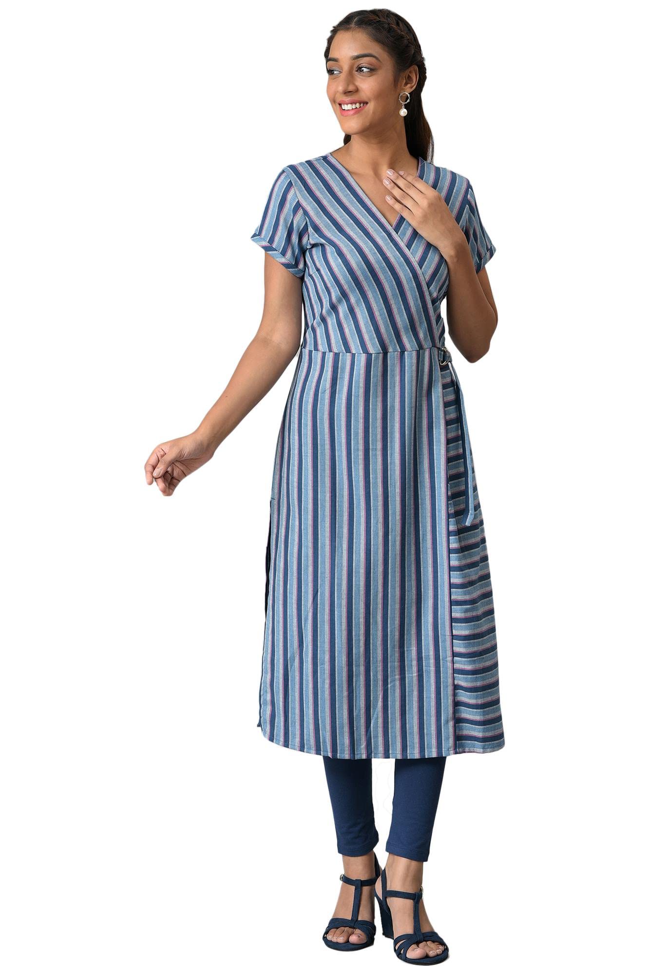 Aurelia Women Blue Cotton Stripes Yarn Dyed Straight Kurta
