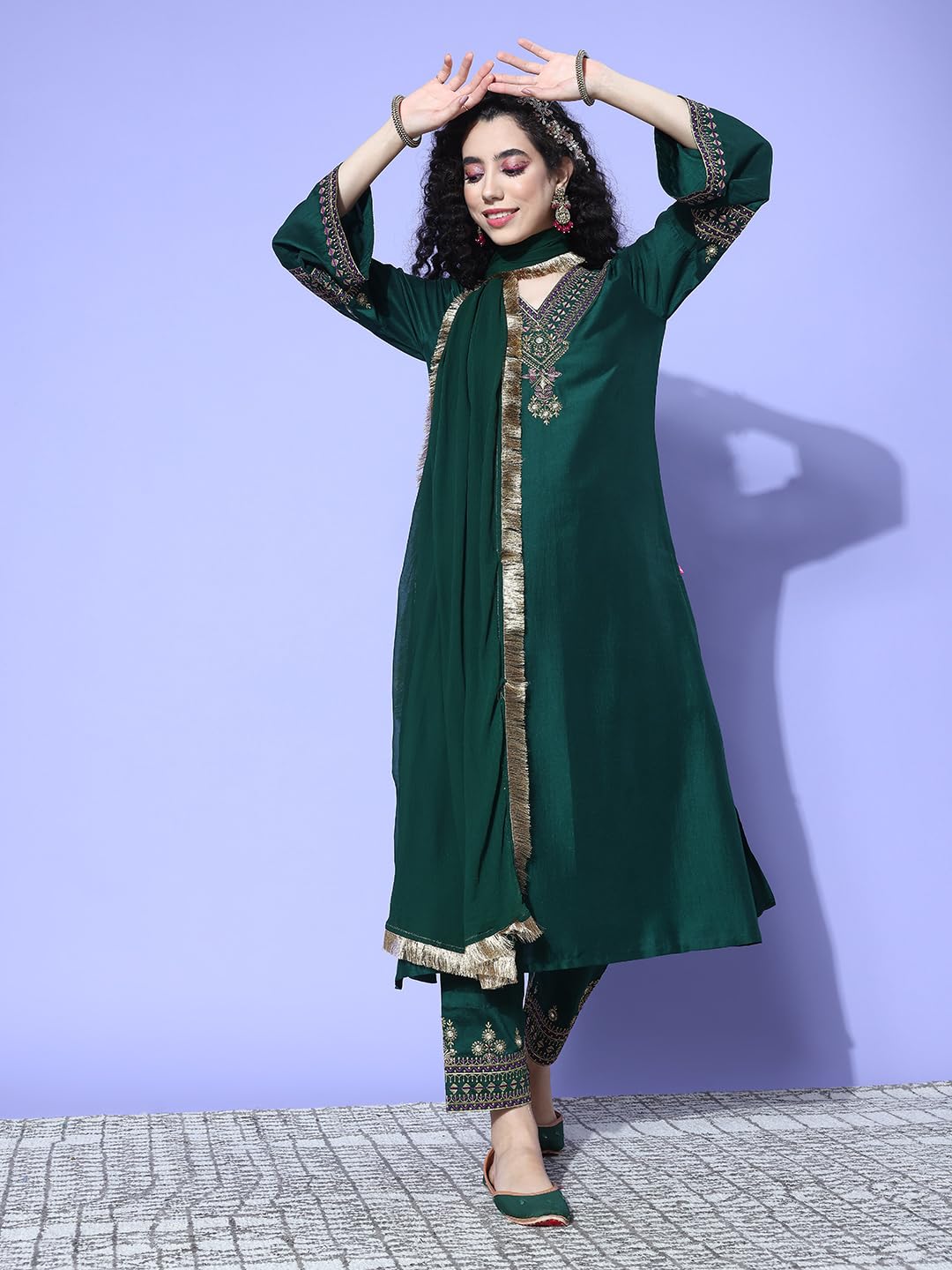 Varanga Women Blue Floral Printed Mandarin Collar Straight Kurta With Three-Quarter Sleeves, Paired With Solid Bottom And Printe