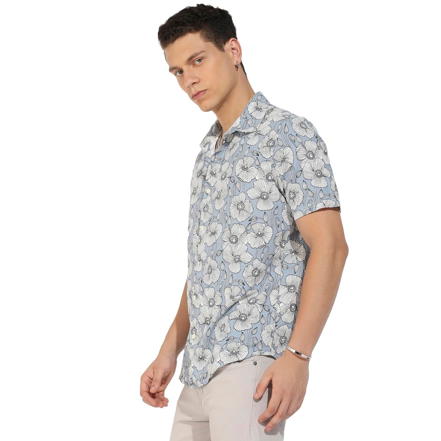 Campus Sutra Mens ICY Blue Botanical Print Button Up Regular Fit Shirt for Casual Wear | Heavy Rayon Spread Collar Shirt Crafte