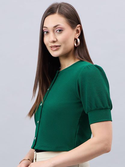 Style Quotient Women Solid Emerald Green Polyknit Casual Open Front Shrug