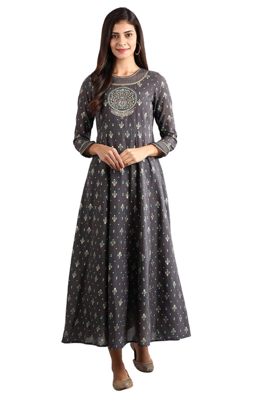 Aurelia Women's Polyester Grey Round Neck Printed Dress Calf Length