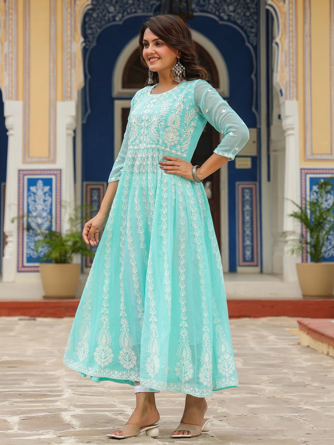 ANNI DESIGNER Women's Georgette Regular Fit Anarkali Chikankari Embroidered Calf Length Kurta Dress