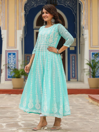 ANNI DESIGNER Women's Georgette Regular Fit Anarkali Chikankari Embroidered Calf Length Kurta Dress