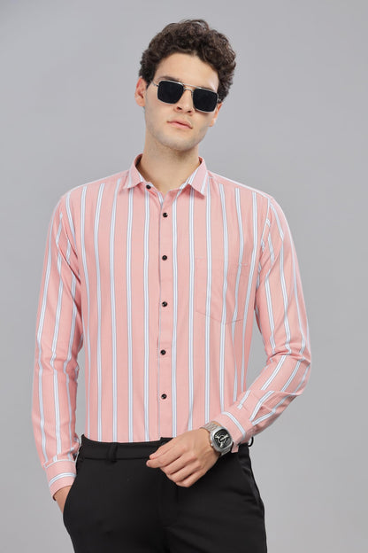 Mildin MenS Pure Cotton Striped Printed Shirt With Spread Collared Neck Full Sleeve Curved Hemline Button Closure And Regular F
