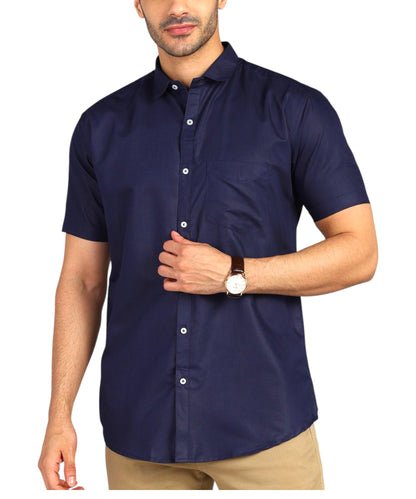 Mildin MenS Regular Cotton Blend Dark Blue Slim Fit Solid Button Down Spread Collar Half Sleeve Curved Hemline Formal Shirt Wit