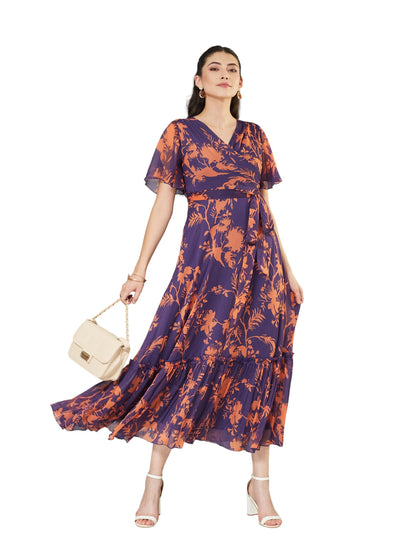 Miss Chase Womens Floral Wrap Chiffon Maxi Dress with Flutter Sleeves & Frilled Hem (MCAW21D06-14-658-07, Orange and Purple, 2X