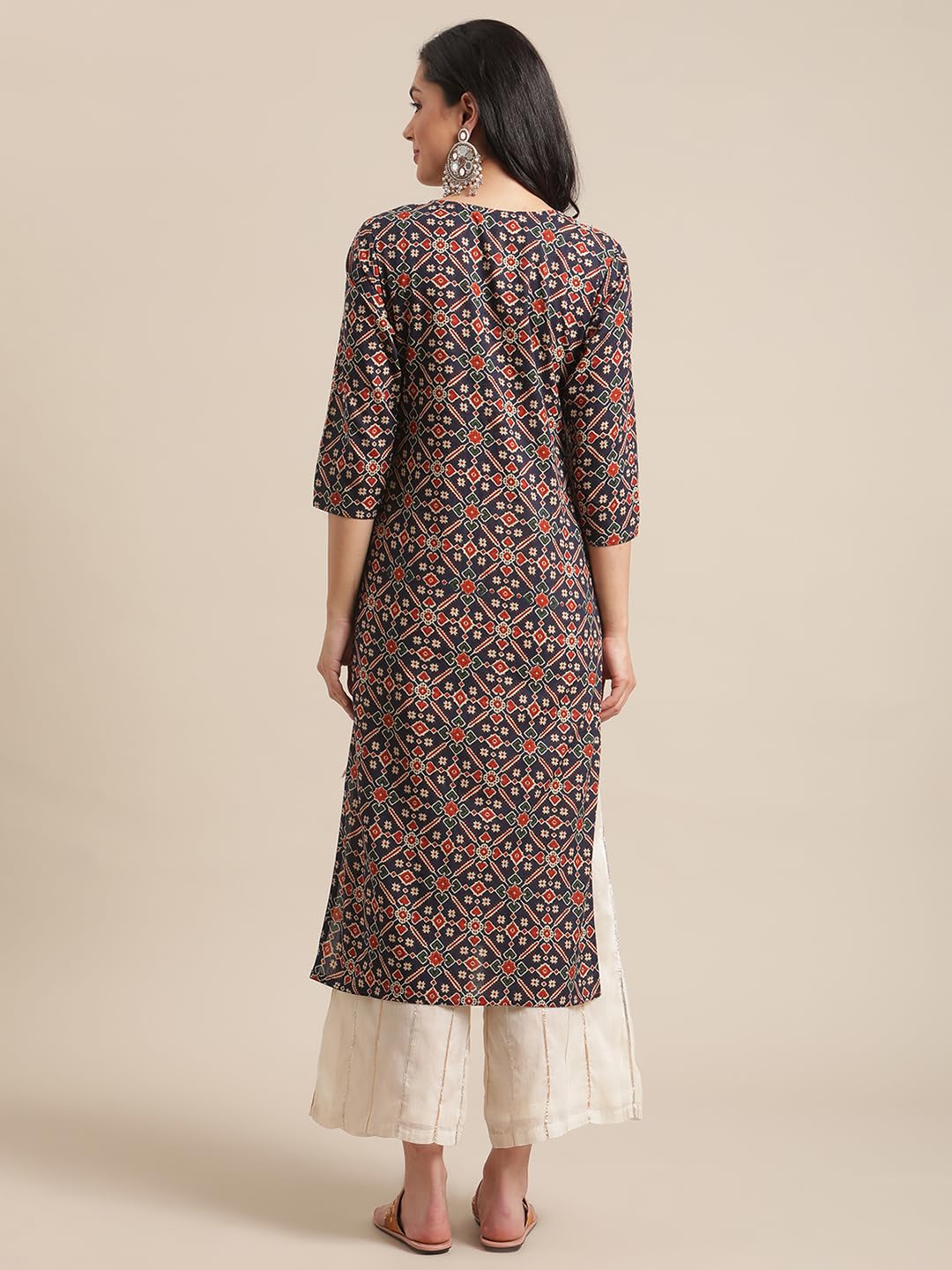 Varanga Women Blue and Beige Abstract Printed Kurta with Gota Work On Yoke and 3/4Th Sleeves