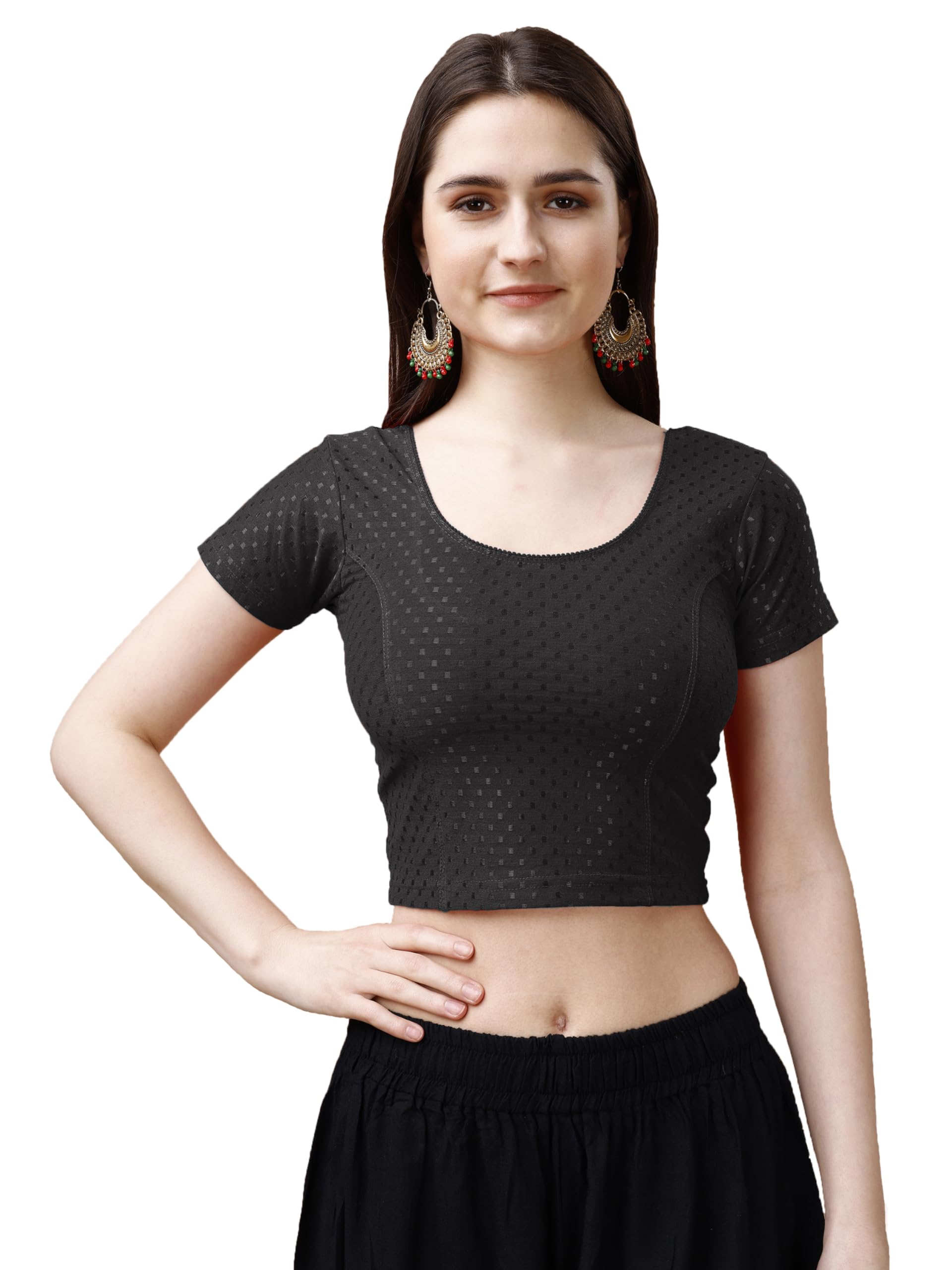 Pujia Mills WomenS Readymade Dobby Cotton Lycra Stretchable Round Neck Short Sleeve Blouse Fancy Black Color Lycra Stretchable