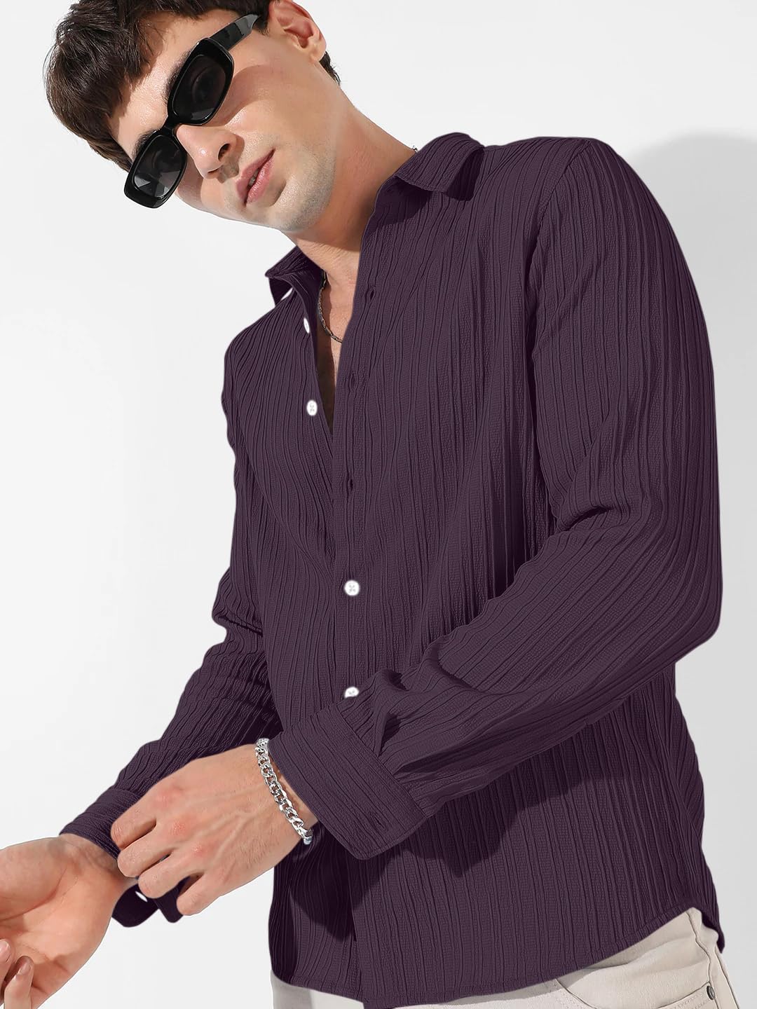 Finivo Fashion MenS Cotton Casual Striped Button Down Shirts Long Sleeve Textured Summer Beach Shirt For Men Purple