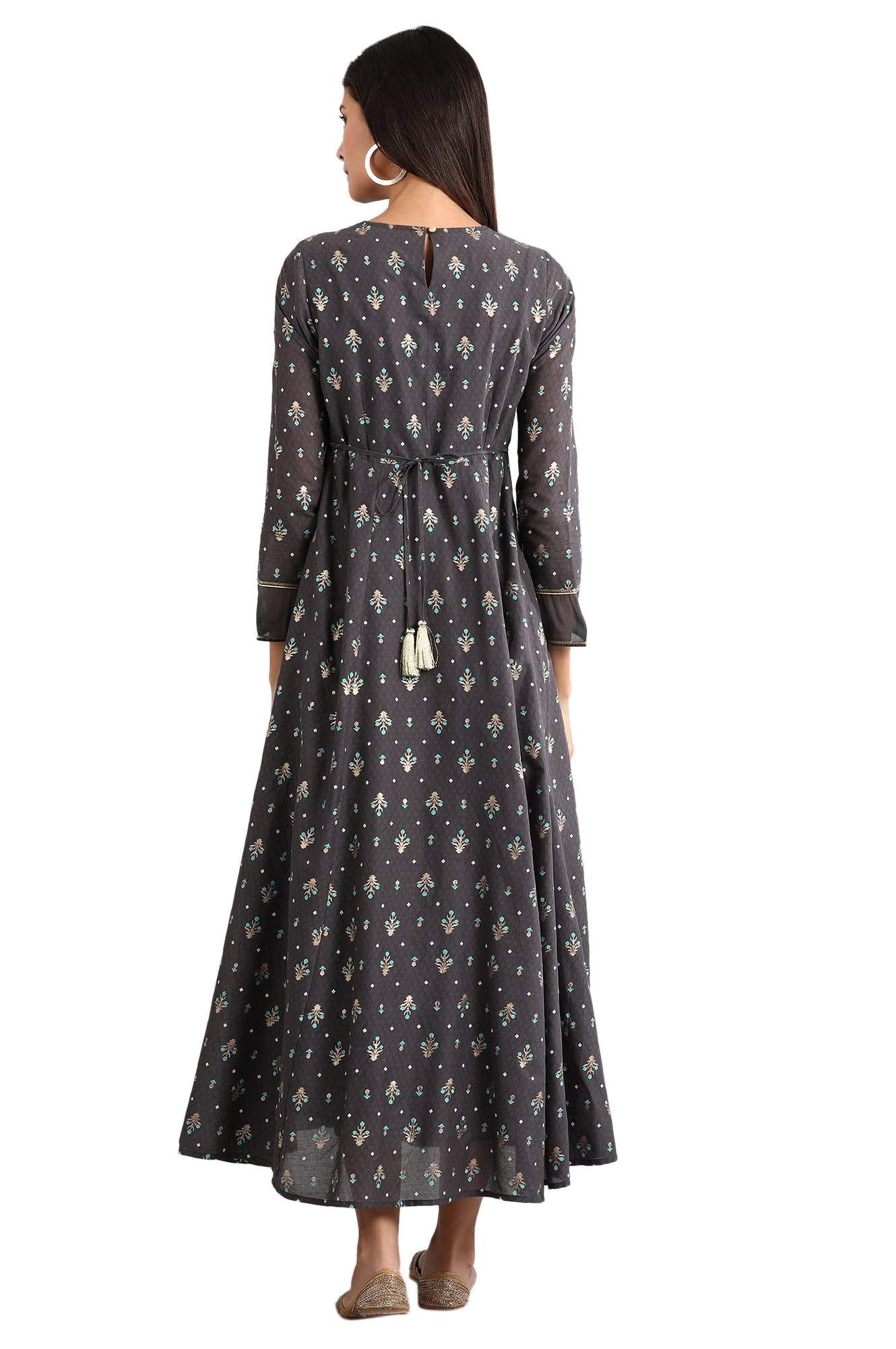 Aurelia Women's Polyester Grey Round Neck Printed Dress Calf Length