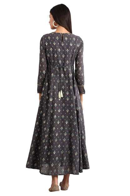 Aurelia Women's Polyester Grey Round Neck Printed Dress Calf Length