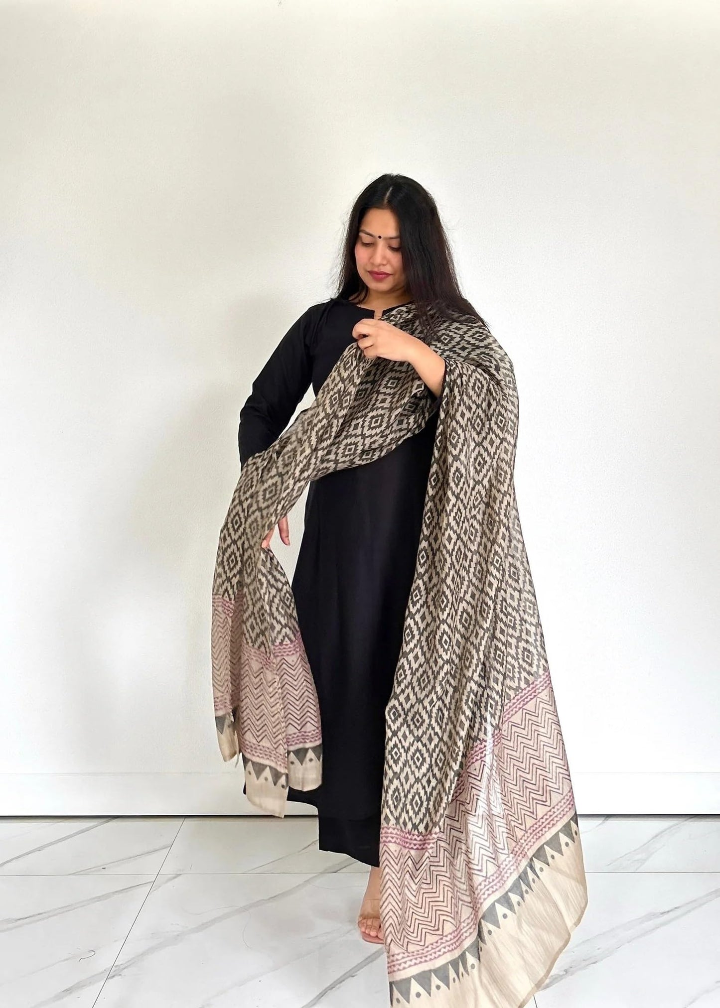 ANNI DESIGNER Ladies Rayon Blend Kurta Set with Trousers & Dupatta, Size 46, Black, Model Jamana Black