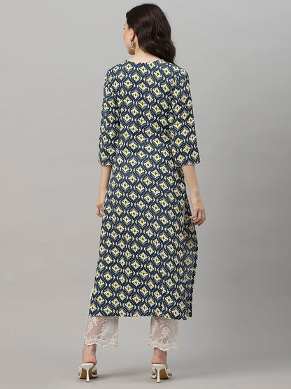 GoSriKi Women's Cotton Blend Printed & Embroidered Straight Kurta