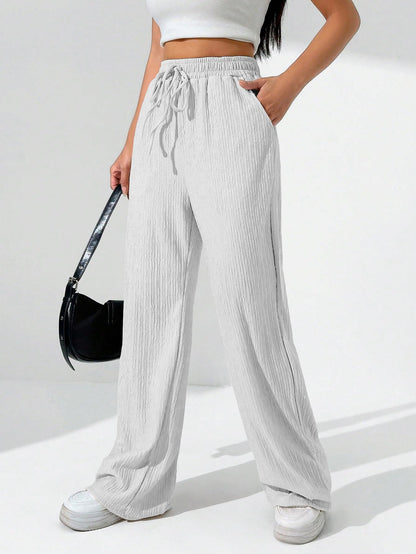 Sugathari Womens White Loose Wide-Leg Pants with Textured Wrinkled Fabric and Drawstring Waist Long Trousers (Trouser 157 White