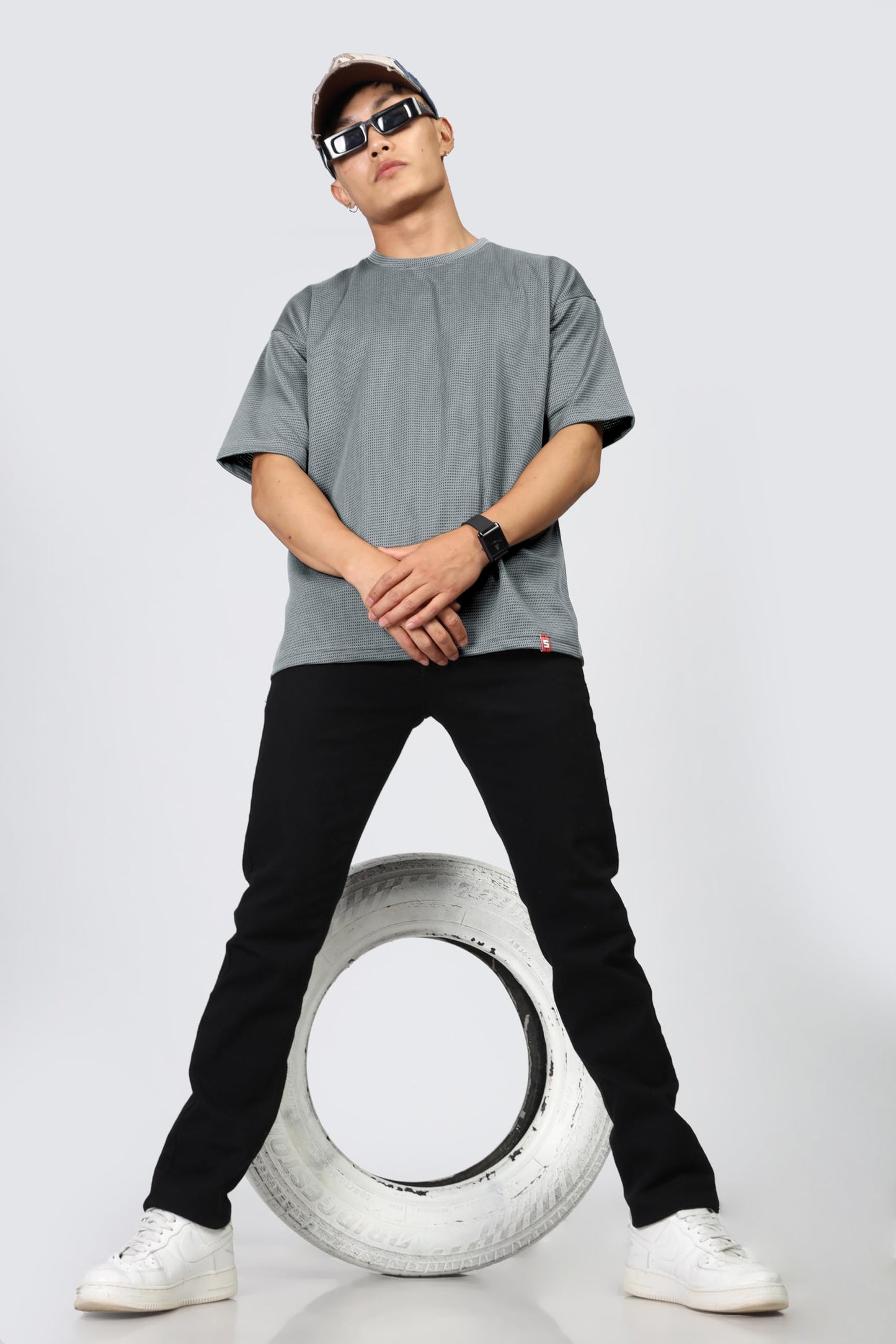 SHODOX Mens Solid Dotted Unique Design Oversized Tshirt for Men - Round Neck Loose Fit Drop Shoulder Mens T-Shirt Grey