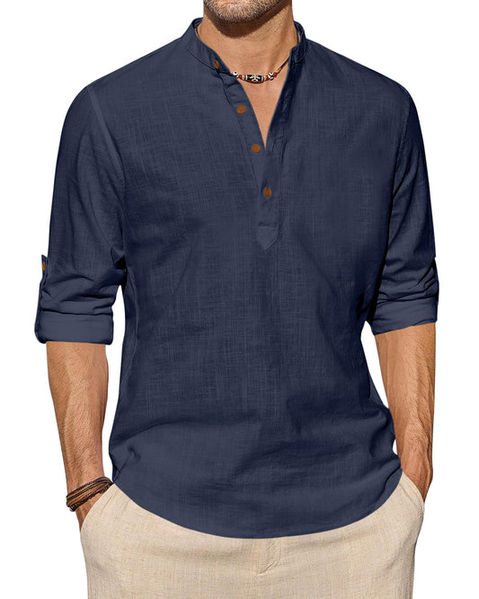 Zombom MenS Cotton Blend Solid Full Sleeve Short Kurta Shirt With Mandarin Collar Navy Blue