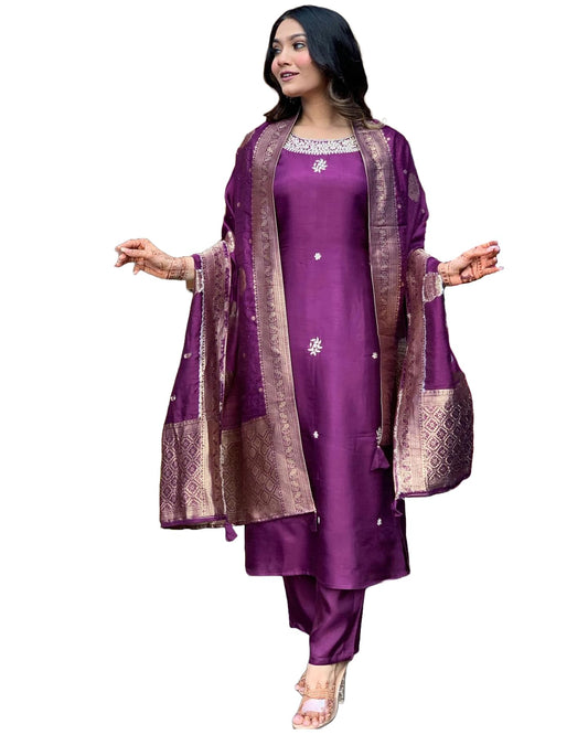Gosriki WomenS Cotton Blend Straight Embroidered Kurta With Pant & Dupatta (Beyond Purple-Gs_4Xl_Purple_Xxxx-Large)