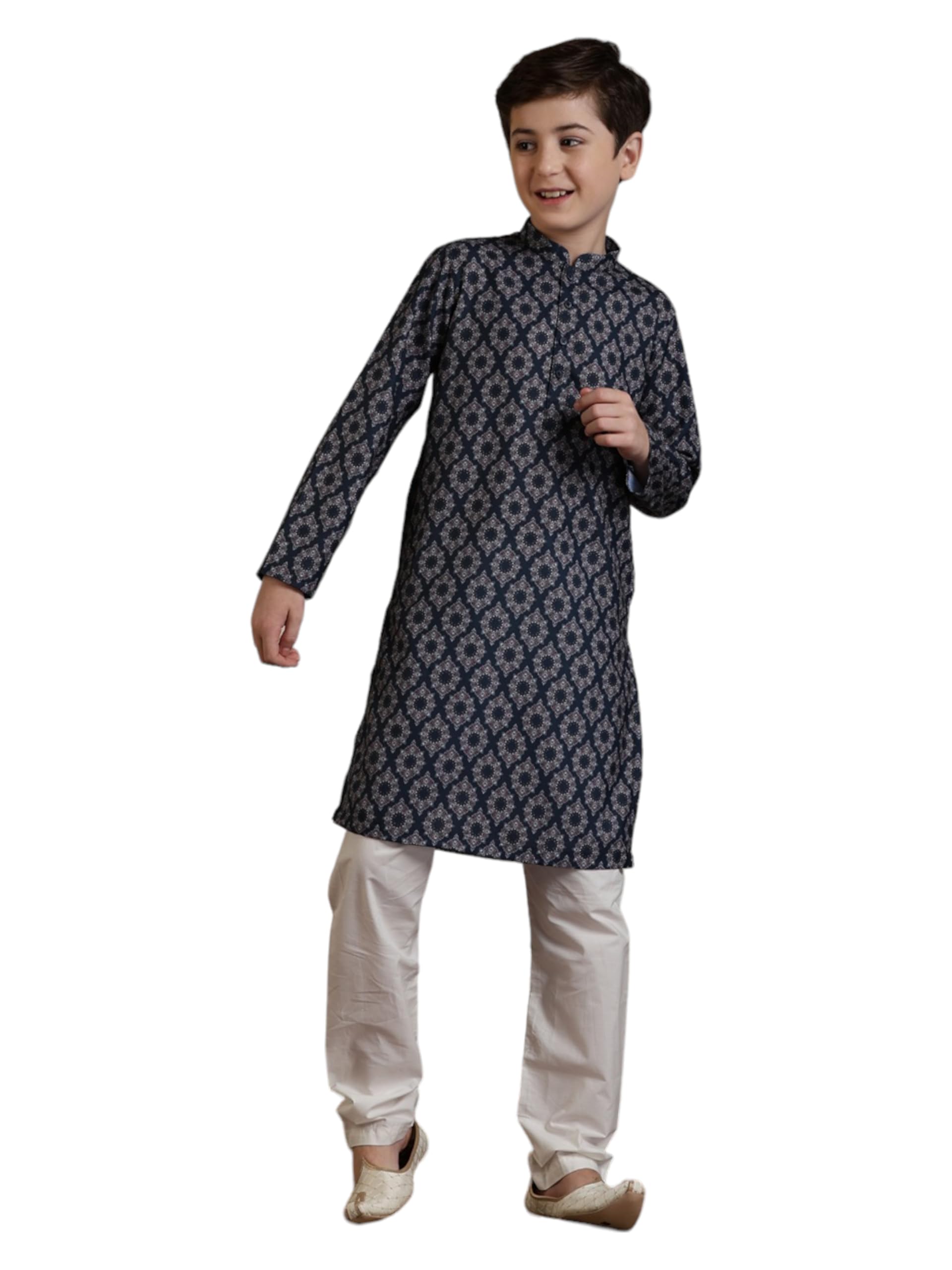 Manyavar Blended Cotton Digital Print Kurta Pyjama Set For Child(8-10 Years)