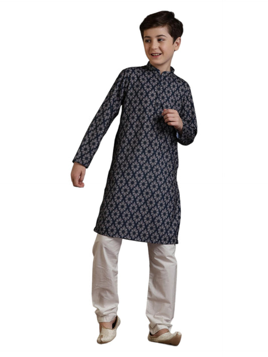 Manyavar Blended Cotton Digital Print Kurta Pyjama Set For Child(8-10 Years)