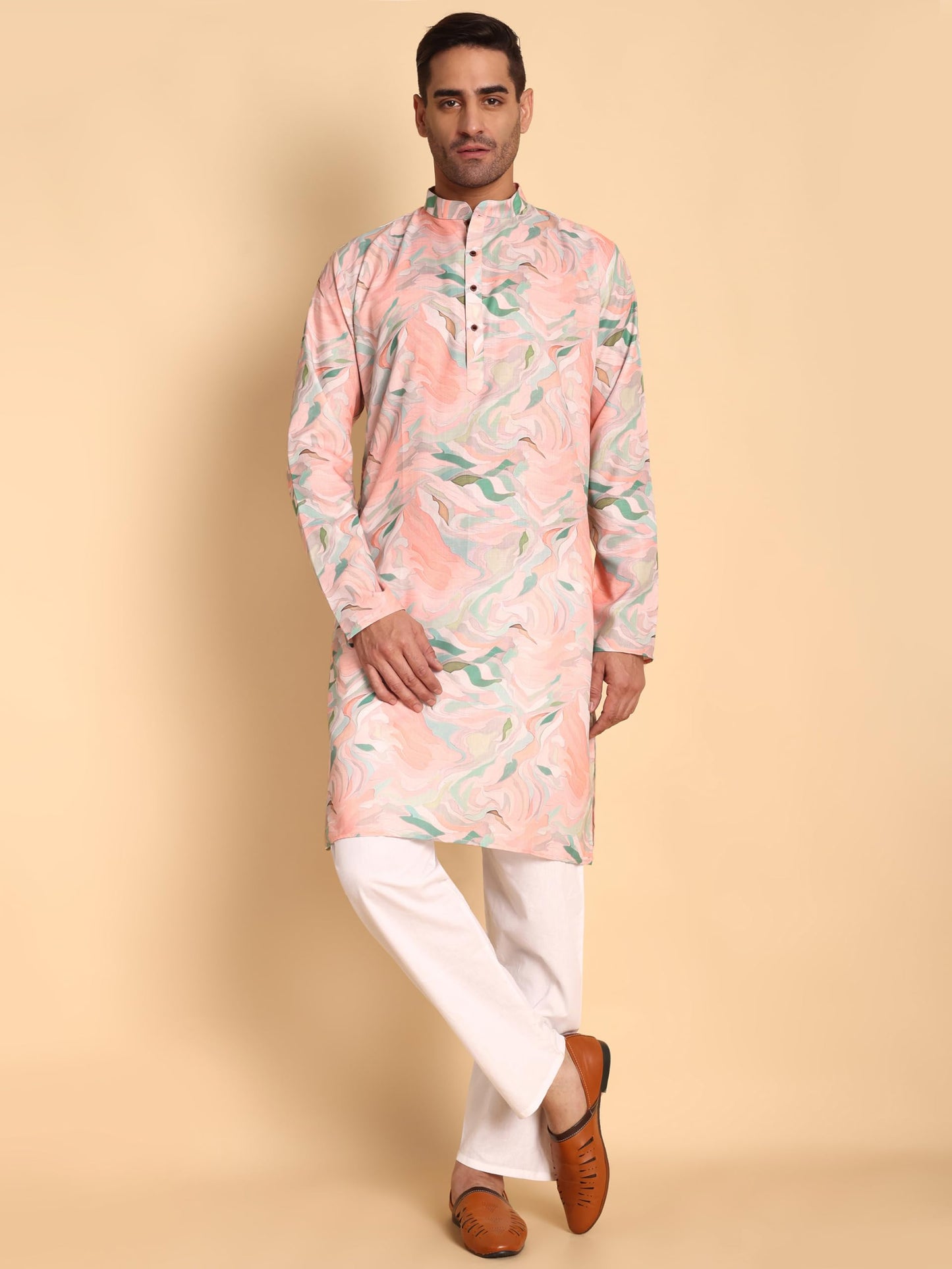 Vardha MenS Cotton Kurta With Impressionist Digital Print Pattern Long Kurtas, Regular Mandarin Collar Straight Fit Printed Kur