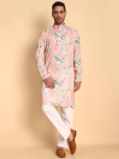 Vardha MenS Cotton Kurta With Impressionist Digital Print Pattern Long Kurtas, Regular Mandarin Collar Straight Fit Printed Kur