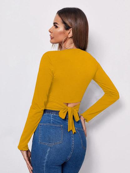 AVANOVA Womens & Girls Mustard Full Sleeve, V-Neck, Ruched Bust Solid Tops for Women/Tops, T-Shirts for Girls (TOP 64 Mustard