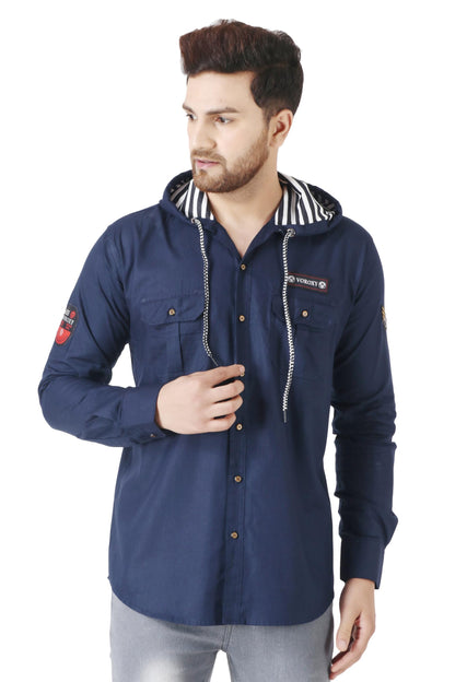 Besix MenS Blue Tailored Fit Cotton Blend Shirt For Man With Hoodie - Casual Long Sleeve Shirt With Pockets - Patch Detail For