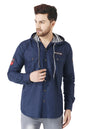 Besix MenS Blue Tailored Fit Cotton Blend Shirt For Man With Hoodie - Casual Long Sleeve Shirt With Pockets - Patch Detail For