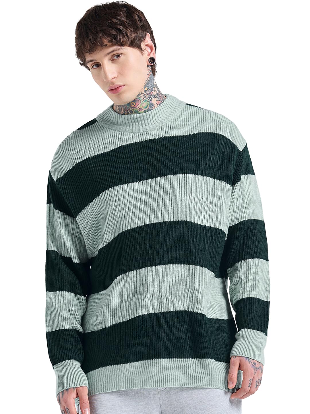Bewakoof Mens Striped Oversized Fit Full Sleeve Round Neck Acrylic Sweater_680220_Green_XL