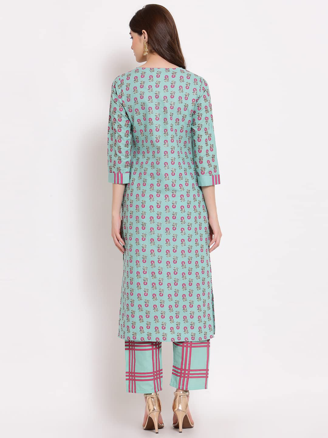 ANNI DESIGNER Women's Cotton Straight Kurta with Pant (KPT-COT-10029-SEA Green)