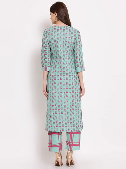 ANNI DESIGNER Women's Cotton Straight Kurta with Pant (KPT-COT-10029-SEA Green)