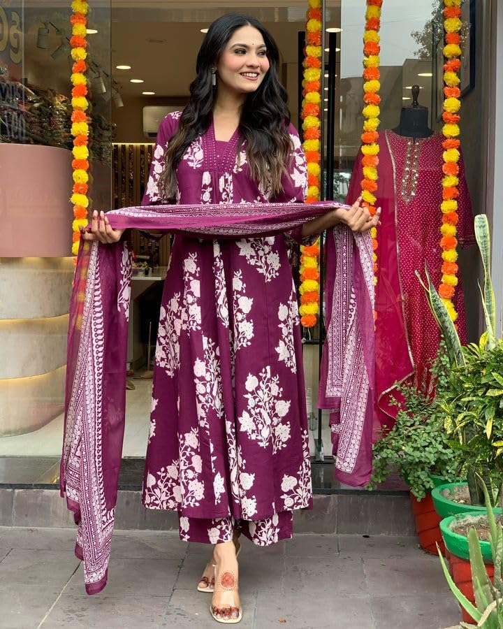 Toochki WomenS Rayon Viscose Anarkali Printed Kurta With Palazzo & Dupatta Wine Color