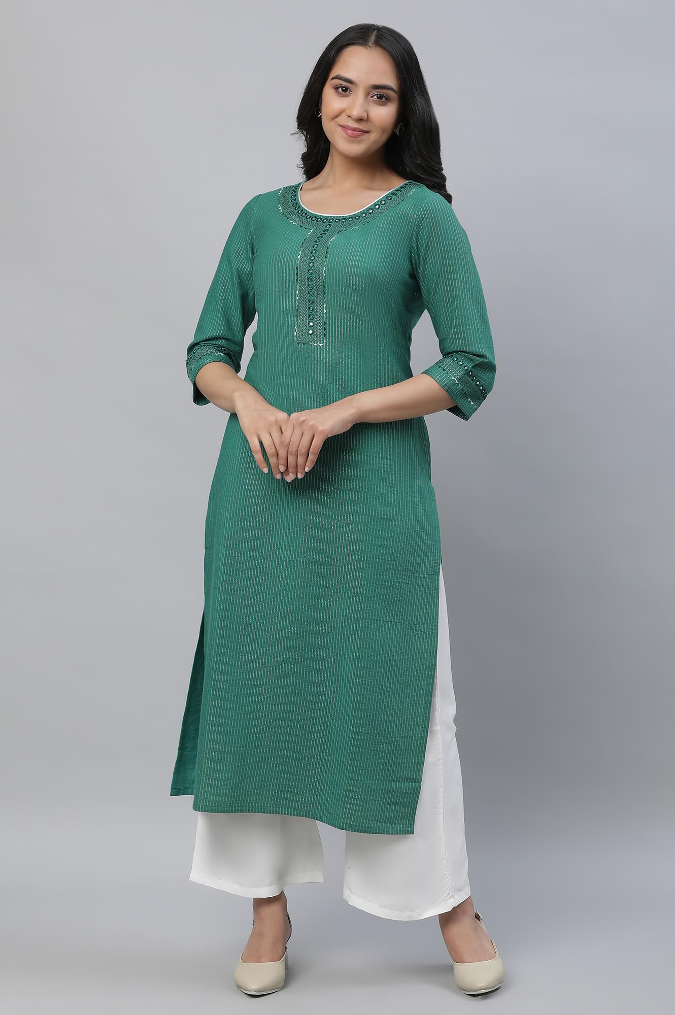 Aurelia Green Thread Embroidered Cotton Striped Regular Kurta For Women