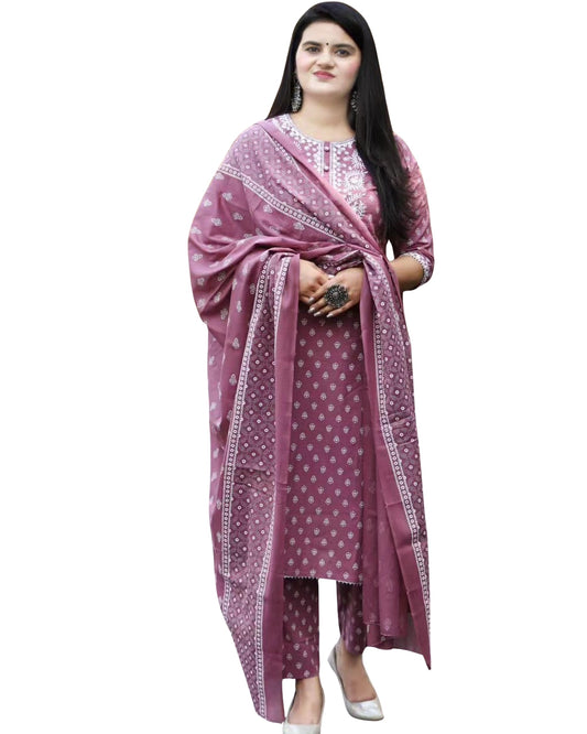 Suppar Sleave Round Straight Kurta Pant Duppatta Set/Printed Long Kurta With Pant Dupatta Beautiful Embroidred Neck Reyon Womens