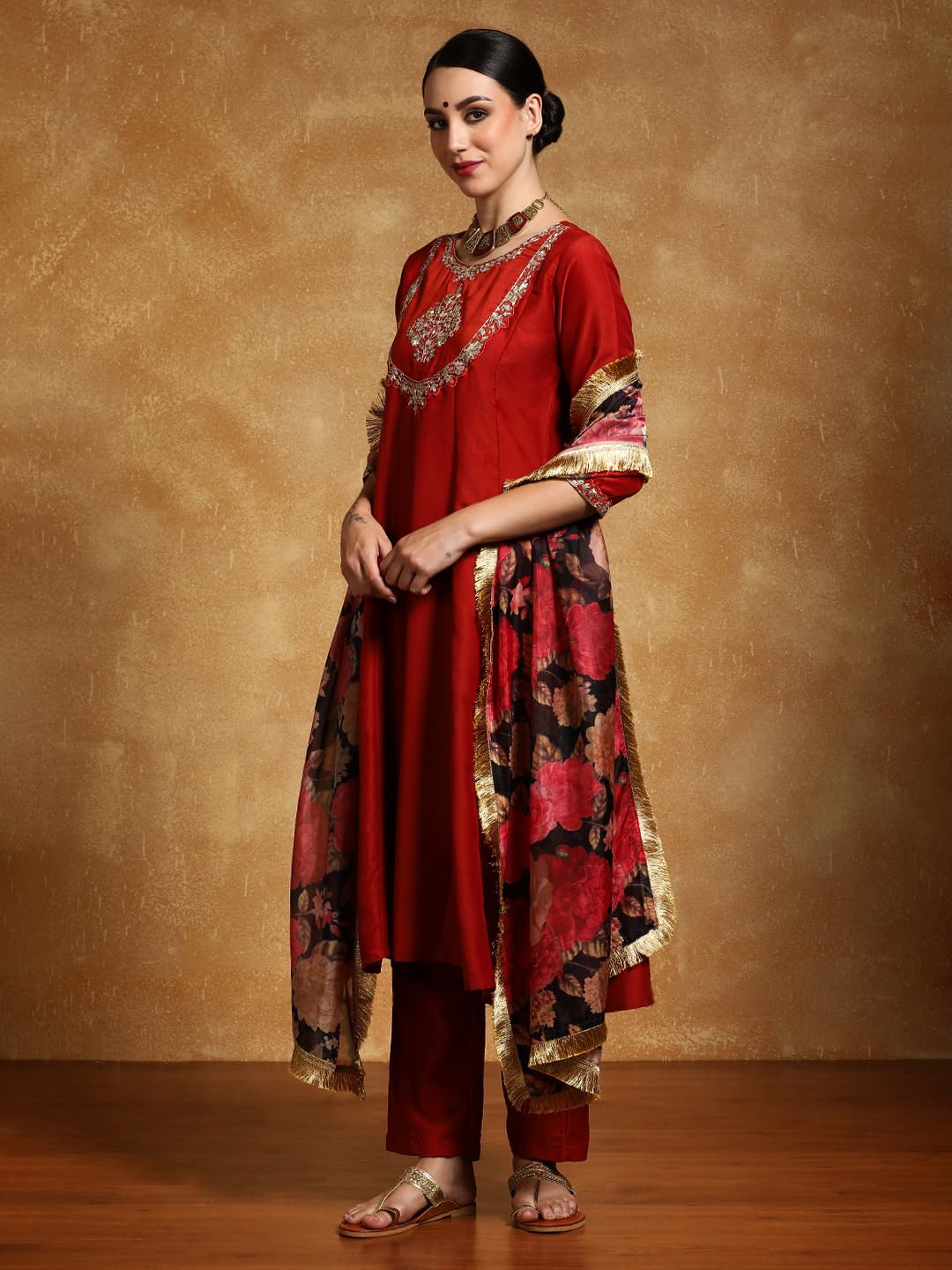 Varanga Women-Zari Embroidered Yoke Anarkali Kurta With Trouser & Dupatta-Karva Chauth Special