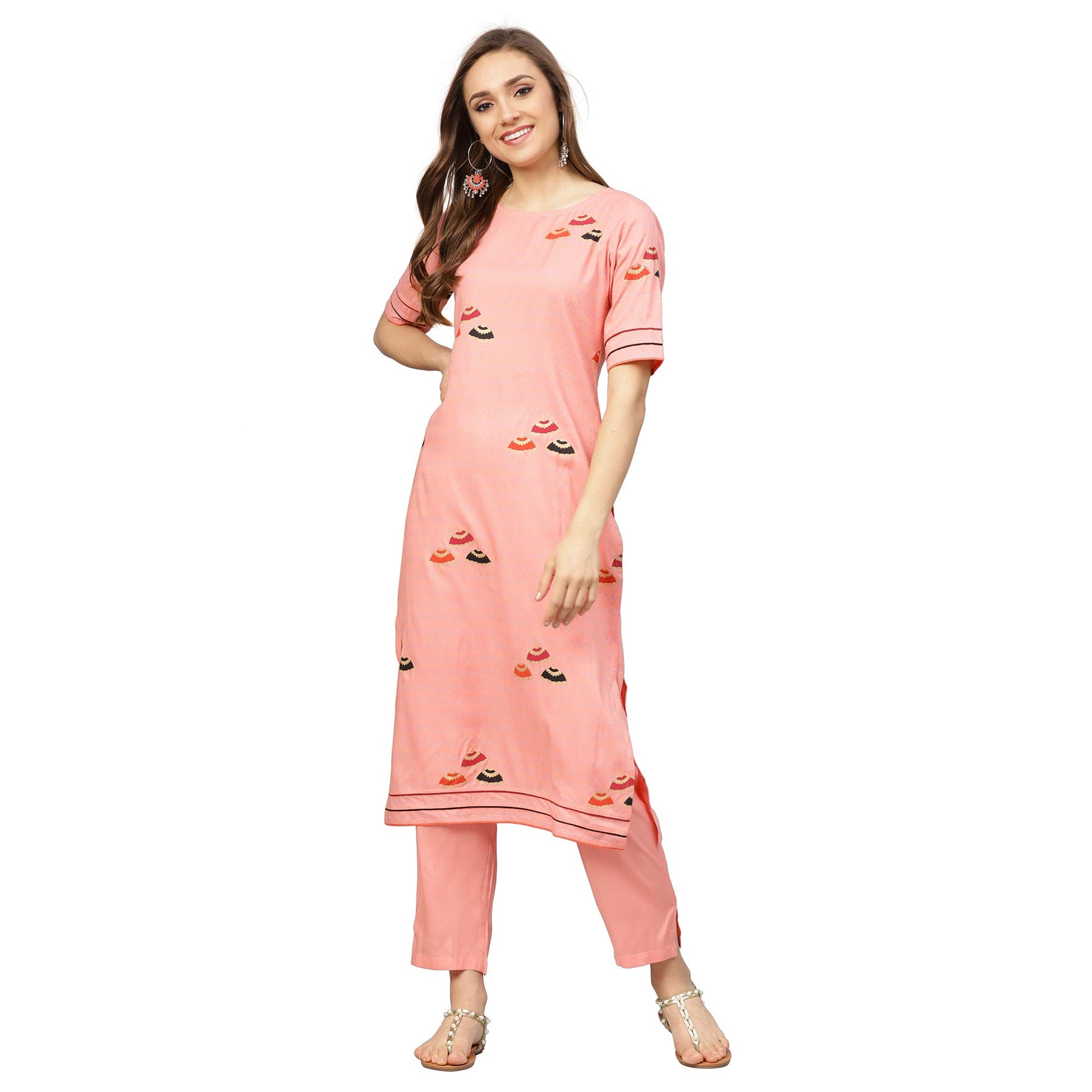 idaLia Women's Peach Umbrella Print Rayon Kurta with Pants