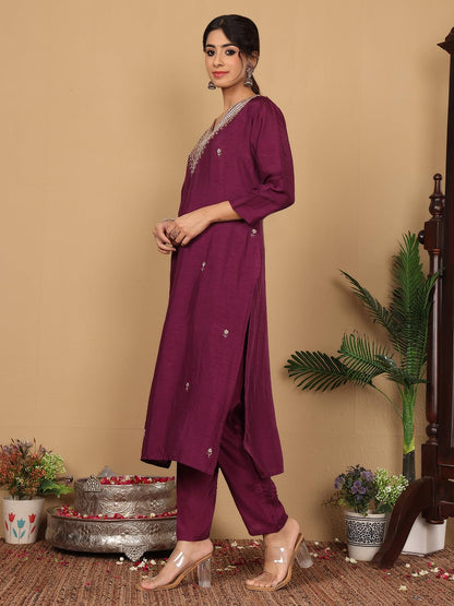 Varanga Women Pure Silk Purple Zari Embroidered Kurta with Bottom and Dupatta
