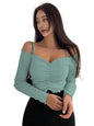 Sugathari Womens Teal Green Solid Colour Open Cold Off Shoulder Long Sleeve Lettuce Hem Casual Autumn Trim Tight- Slim Fitting