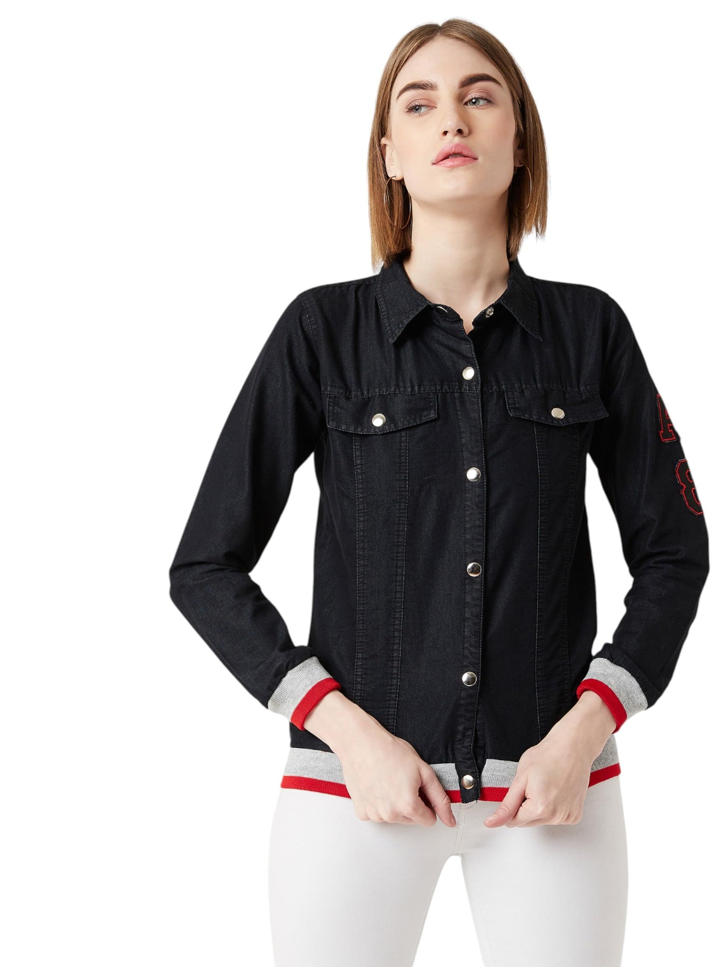 Miss Chase Womens Polo Neck Full Sleeve Regular Length Jacket (MCSS25DEN68-60-347-02, Raven Black, XS)