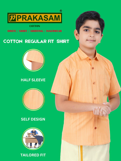 Boys Cotton Half Sleeve Self Design Shirt With Stitched Art Silk Dhoti For Boys (Madriyad-Gold)