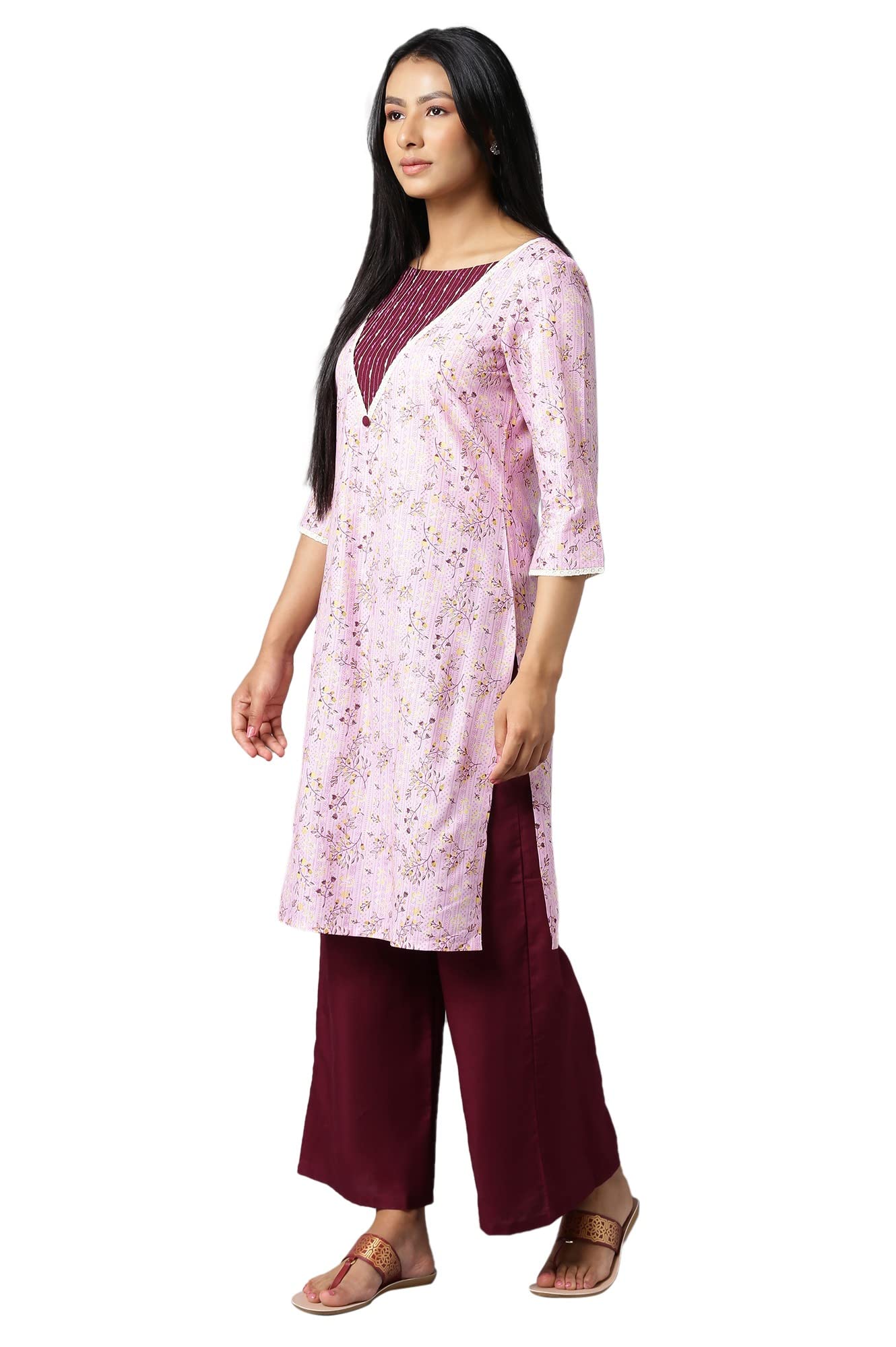 Aure Collection By Aurelia Pink Floral Printed Kurta With Wine Palazzo