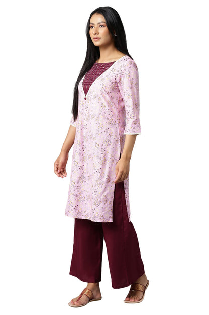 Aure Collection By Aurelia Pink Floral Printed Kurta With Wine Palazzo